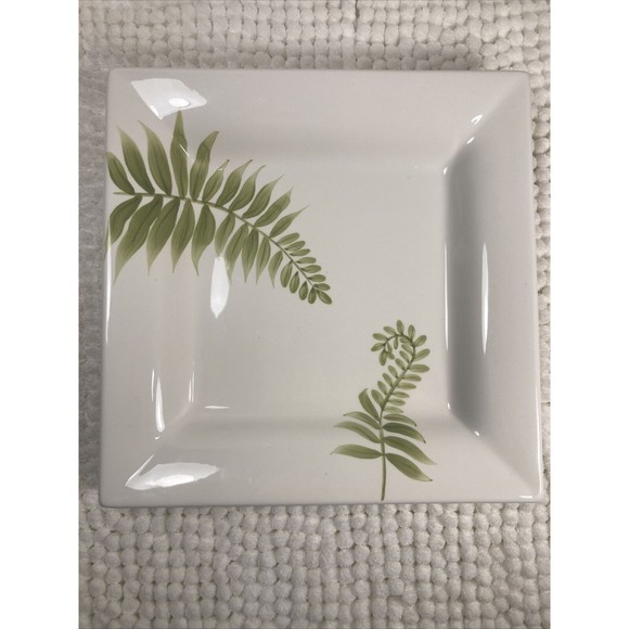Pottery Barn Fern Botanical Deep Dish, Plate White and Green 8.5" Square - Picture 1 of 4